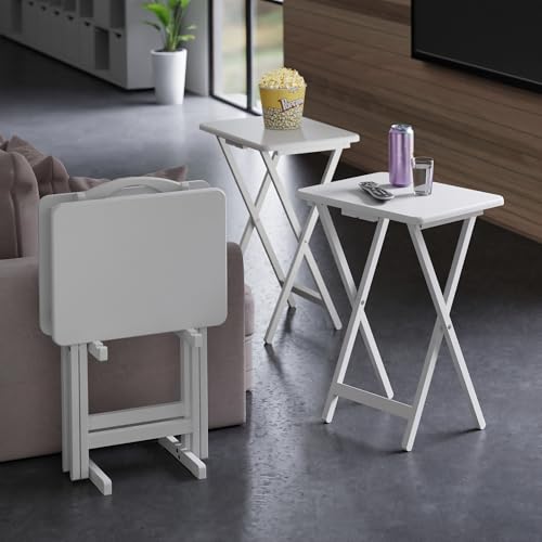 Image of Winsome Alex Set of 4 Foldable Snack Tables with Storage Rack | Easy to Store Portable Fold Up Table Set for Kitchen, Living Room TV Dining, Crafts, Puzzles, Work from Home