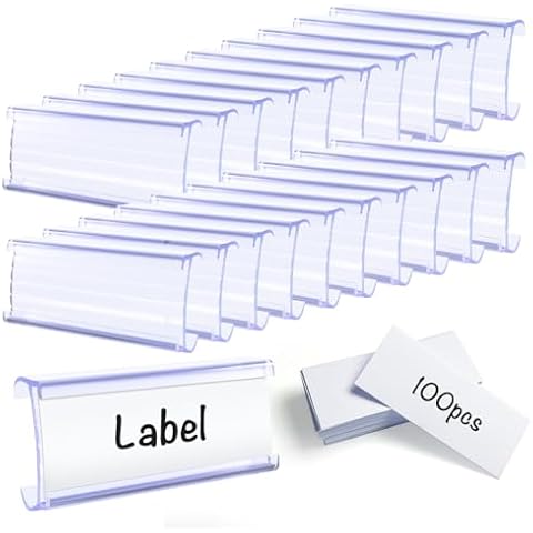 100 Pcs Wire Shelf Label Holders Plastic Wire Label Holder Shelf Tags for Wire Shelving Metro Shelving Clips Shelf Label Clips with Label Paper Inserts, Compatible with 1-1/4 Inch Shelves Cover