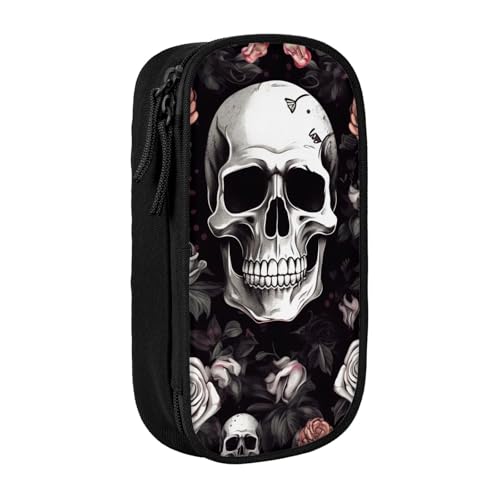 Image of MKNAZ Black Floral Halloween Skull Printed Pencil Case Pen Bag Double-Layer Pen Pouch Organizer for Student Artists School Office College, Black