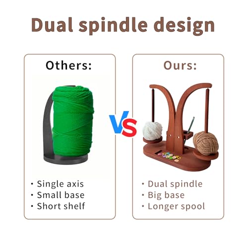 Image of Magnetic Wooden Yarn Holder for Crocheting & Knitting - Smooth Rotating Yarn Spinner with Double Spindles, Tangle-Free Thread Dispenser, Ideal Gift for Knitters & Weavers (Brown)