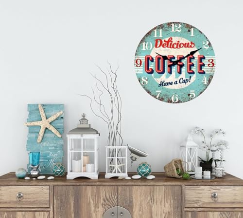 Image of XFM Vintage Coffee Bar Wall Clock14 Inch Blue | Battery Operated Silent Non Ticking Retro Round Wooden Decorative for Cafes Dining Room Farmhouse Office