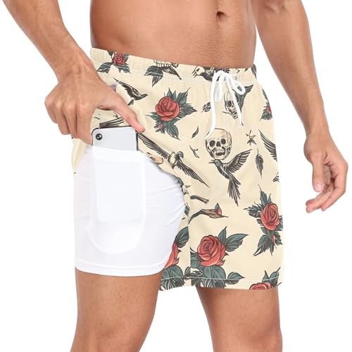 xigua Vintage Old-School Tattoo Mens Swim Trunks with Liner, 5 inch Quick Dry Mens Boardshorts for Beach2