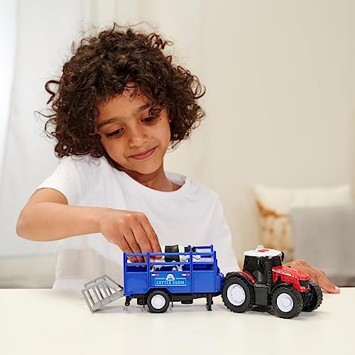 Dickie Toys - Massey Ferguson Spielzeug-Traktor mit Tieranhänger & Kuh - Spielzeugauto für den Bauernhof mit Licht & Sound (inkl. Batterien), für Kinder ab 3 Jahre, 26 cm