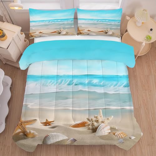 Beach Comforter Set Queen, Ocean Hawaiian Starfish Bedding for Boys Girls Women Teen Bedroom, Coastal Nature Theme Pattern Qulit Sets, 1 Comforter, 2 Pillowcases, Blue Home Decor