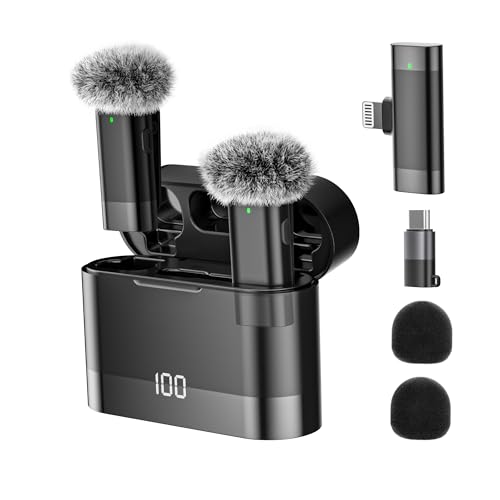 moudou Wireless Lavalier Microphone for iPhone iPad, 2-in-1 Plug-Play Mic Windshield with Charging Case for Vlog Tiktok Podcast Phone Video Recording Interview Youtubers Vloggers Noise canceling