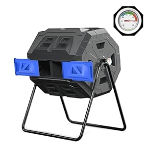 SQUEEZE master Large Compost Tumbler Bin – Outdoor Garden Rotating with Thermometer -Automatic Temperature Measurement-Sturdy Steel Frame – 43Gallon (2-21.5Gal)- Blue Door