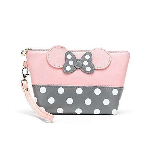 axaya Cartoon Leather Travel Makeup Handbag, Cute Portable Multifunction Cosmetic Bag Toiletry Pouch with Zipper- Pink