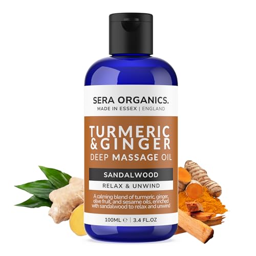 Turmeric Massage Oil with Ginger & Sandalwood – Deep Tissue Muscle & Joint Relief, Lymphatic Drainage, Anti-Inflammatory Therapy | Warming & Relaxing Essential Oils | UK Made by Sera Organics (100ml)