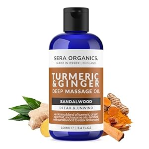 Turmeric Massage Oil with Ginger & Sandalwood – Deep Tissue Muscle & Joint Relief, Lymphatic Drainage, Anti-Inflammatory Therapy | Warming & Relaxing Essential Oils | UK Made by Sera Organics (100ml)