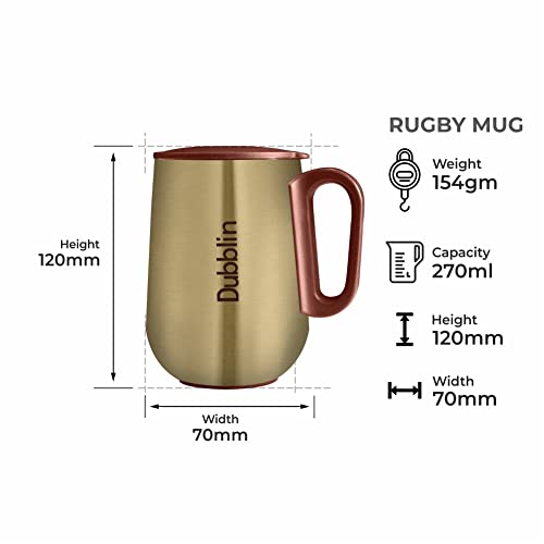Image of DUBBLIN Rugby Stainless Steel Unbreakable Tea Coffee Mug Double Wall with Handle and Lid, Wide Mouth Mug Keeps Beverages Hot & Cold 270 ML Golden