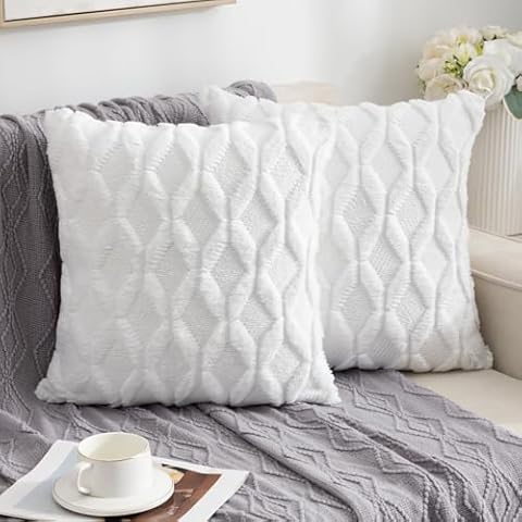 ETASOP Set of 2 Throw Pillow Covers with Inserts 18x18 Inches Farmhouse Decorative, Square Boho Cushion Case with Faux Velvet Soft Plush Short Wool (White) Cover