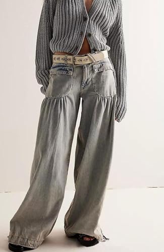 loveimgs Women Ruffle Denim Pants Pleated Wide Leg Jeans Baggy Cargo Harem Pants Mid Rise Sweatpants Tie Bottom3