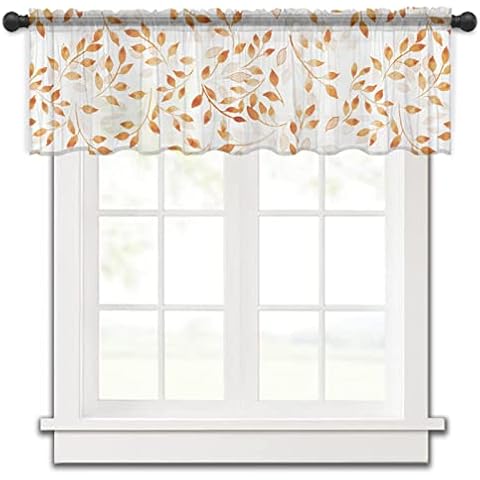 BOBOWUNY Rustic Orange Plant Sheer Window Valance Rod Pocket Valance Curtain, Abstract Modern Botanical Plant Fall Winter Semi Sheer Drapery for Bedroom Kitchen Window Decor Curtains, 1 Panel 54"x18" Cover