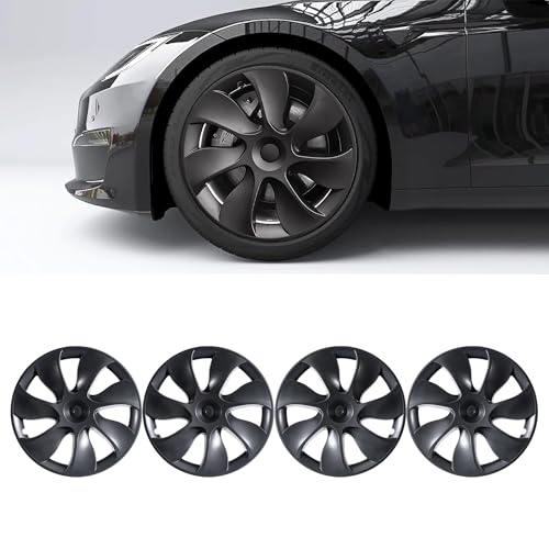 Tesla Model Y Wheel Covers 19 Inch 2020-2024 Uberturbine Tesla Model Y Uberturbine Hubcaps Left-Right Aero Symmetry Matte Black Wind Drag Reduction Model Y Accessories with Tire Repair Kit (4 Pack)