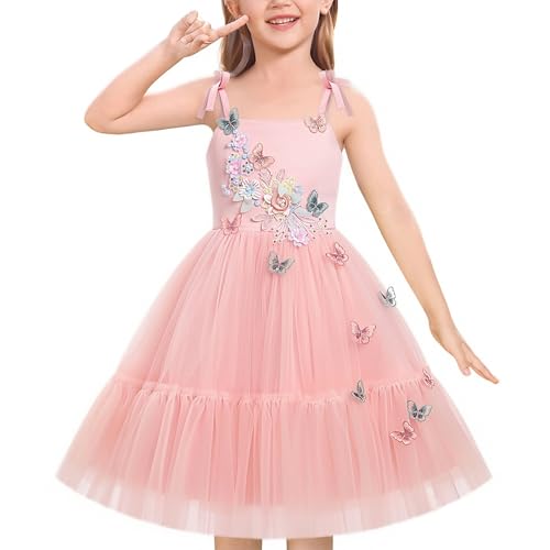EULIMENE Baby Flower Girl Dress 3D Butterfly Layered Tulle Tutu Dress Princess Birthday Dresses Summer Wedding Party Dresses Pink 2-3Y