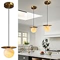 Paxsovon 7" Natural Alabaster Pendant Light, Gold Round Adjustable Brass Hanging Lamp for Bedroom, Kitchen Island, Dining Room, Living Room, Bathroom, Modern White Marble Stone Pendant Light Fixture
