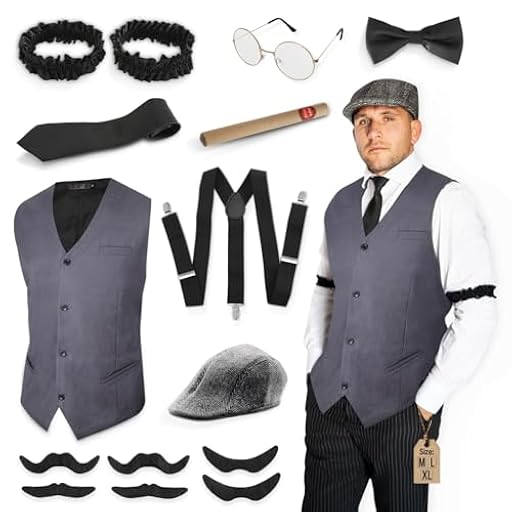 Festicy Disfraz años 20 hombre I Disfraz de gángster con chaleco en L, tirantes, corbata, boina, pajarita, bigotes y más I Disfraz adulto carnaval disfraces hombre carnaval I 1920s Gatsby accesorios | Ya disponible en tu tienda friki favorita! En mundofriki.es!