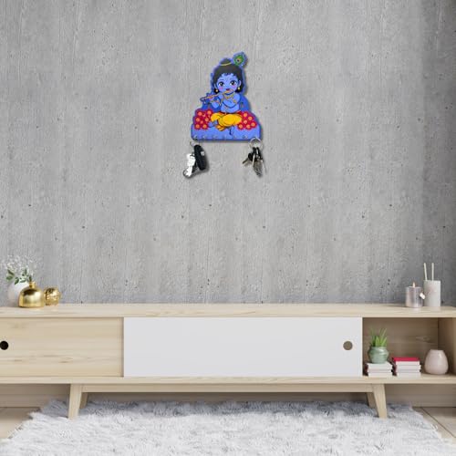 Image of Shri Krishna (Makhan Chor) Key Holder - Decorative Wall Art for Home | Little Krishna Key Organizer for Bedroom, Living Room, Guest Room & Dining Area
