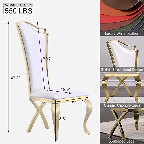 Acedécor Dining Chair, White Leather Upholstered Dining Chairs Set Of 6, Modern Gorgeous Streamlined High Back Chair With Gold Mirror Curved And X-Shaped Metal Legs #TOP2