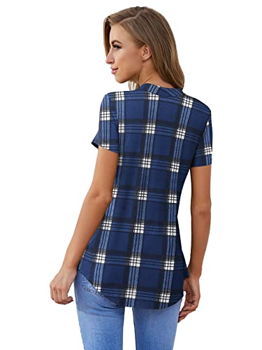 Zennilo Women's Shirt Zip Plaid V Neck Short Sleeve Casual Summer Tunic Tops Blouse(1-Plaid Blue,4X) #TOP3