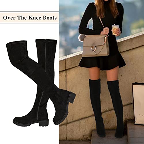 Black Thigh High Boots,2022 Winter Women's Suede Over The Knee Boots Mid Calf Round Toe Side Zipper Flat Booties Fall Thigh High Boots No Heel Wide Calf Elastic Western Cowgirl Cowboy Boot Black,05 #TOP2
