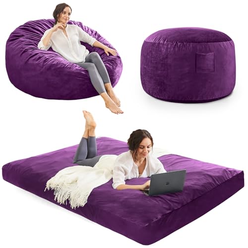 Bean Bag Chairs for Adults - Giant Bean Bag Chair Convertible Bean Bag Bed - Beanbag Chair with Micro Fiber Cover/Furniture Foam Filler - Floor Couch Sofa in Bedroom Dorm Room - Full Purple