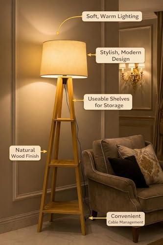 Image of Wooden Tripod Floor Lamp with Storage Shelves, Beige Linen Shade, Living Room Decor