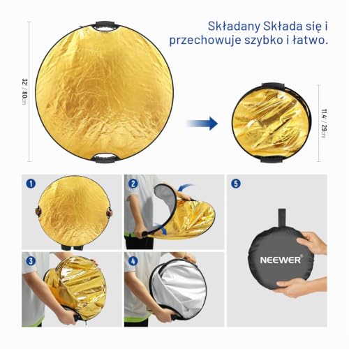 NEEWER Odbłyśnik światła 80 cm z uchwytem i gwintem 3/8", składany okrągły dyfuzor światła, półprzezroczysty/srebrny/złoty/biały/czarny do oświetlenia fotograficznego w studiu lub na zewnątrz,