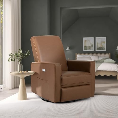 Image of Evolur Harlow Upholstered Power Glider Recliner with USB Charging - Rocking & 275 Swivel with Smooth Glide - Greenguard Gold & FSC Certified - Modern Nursery and Living Room Chair in Cognac