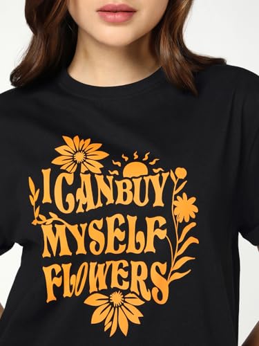 Image of Bewakoof Women's Typography Boyfriend Fit Half Sleeve Round Neck Cotton T-Shirt 646748 Black 3XL