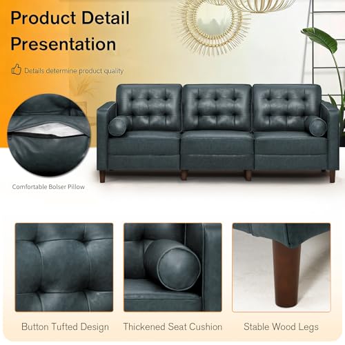 Image of 84 Inches Modern Faux Leather 3-Seat Sofa w /2 Bolster Pillows & Tufted Backrest, Mid-Century Couch, Premium 3 Seaters Sofa for Living Room, Bedroom, Office, Blue