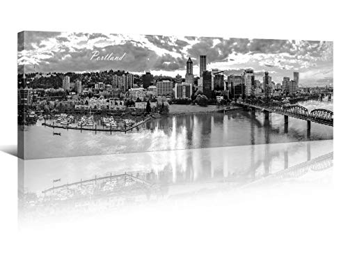 Portland Skyline Wall Art for Living Room Cityscape Canvas Modern Home Decor Panorama Pictures City Building House Decorations Skyscraper Artwork Black and White Posters and Prints 12x46 Inch 1 Piece