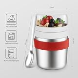Wvu & Wvo Kubek na musli ze stali nierdzewnej, 500 ml + 220 ml, z łyżeczką, zabezpieczony przed wyciekiem i izolowany, nadaje się do płatków owsianych, jogurtów i innych produktów spożywczych