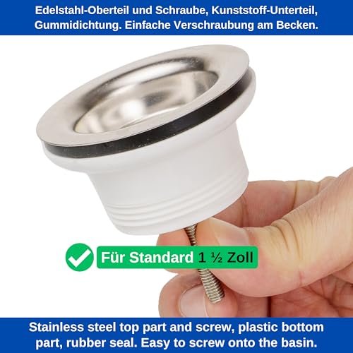 Ablaufventil für Spülbecken, 1 Set, Größe Ø 70 mm - 1 1/2 Zoll, SS201 Edelstahl Ventiloberteil, M6x60 Montageschraube, PP Unterbau mit Messing Mutter, PVC Dichtung, Ø 45,5 mm Stöpsel, Stopfen Ventil
