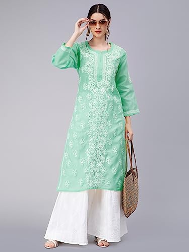 Image of Seva Chikan Hand Embroidered Lucknowi Chikankari Appricot Cotton Kurta Kurti for Women SCL4321