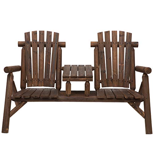 Outsunny 2-Seat Wooden Adirondack Chair, Patio Bench with Table, Outdoor Loveseat Fire Pit Chair for Porch, Backyard, Deck, Carbonized - Image 4