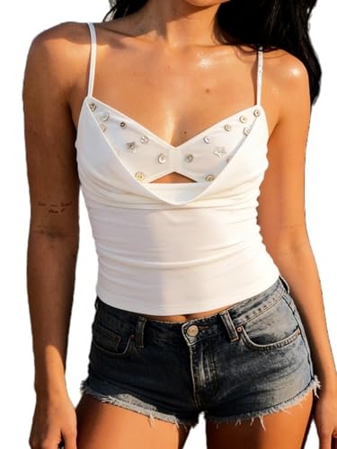 Image of Felcia Women Cowl Neck Cami Tops Sexy Beaded Y2k Spaghetti Strap Shirt Going Out Party Clubbing Festival Streetwear (A-White, M)