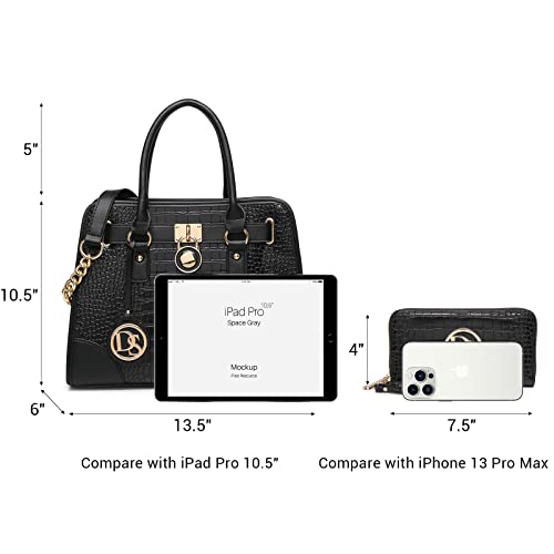 Dasein Women Handbags Top Handle Satchel Purse Shoulder Bag Hobo Bag Work Bag Set 2pcs (Croco Black)