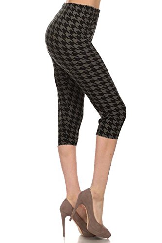 N295-CA-OS Charcoal Houndstooth Capri Printed Leggings, One Size