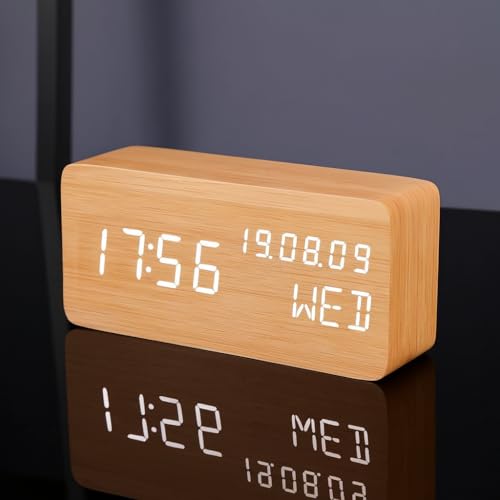 Image of Wooden Finishing Desk Digital Clock | Clock Alarm Digital with 6 Inch LED Display, USB Powered Temperature Table Loud Alarm Clock for Bedroom| AlarmClock for Heavy Sleepers