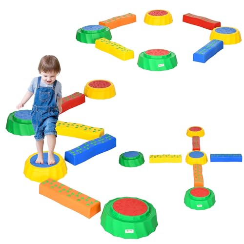 Outsunny 8 PCS Kids Stepping Stones Balance Beam w/Non-Slip Surface and Bottom, Stackable Stepping Stones for Toddler