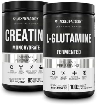 Jacked Factory Creatine Monohydrate Powder 425g, 85 SV & L-Glutamine Supplement 500g, 100 SV - No Artficial Fillers, Unflavored