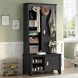 Polibi Hall Tree with Sliding Doors, Wooden Hallway Shoe Cabinet with Storage Bench and Adjustable Shelves, Mudroom Coat Rack Coat Hanger with 6 Metal Hooks for Entryway, Living Room, Bedroom, Black