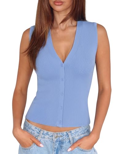Image of SUUKSESS Women Sleeveless Sweater Tops Summer V Neck Button Down Vest Tops Business Casual Work Shirts