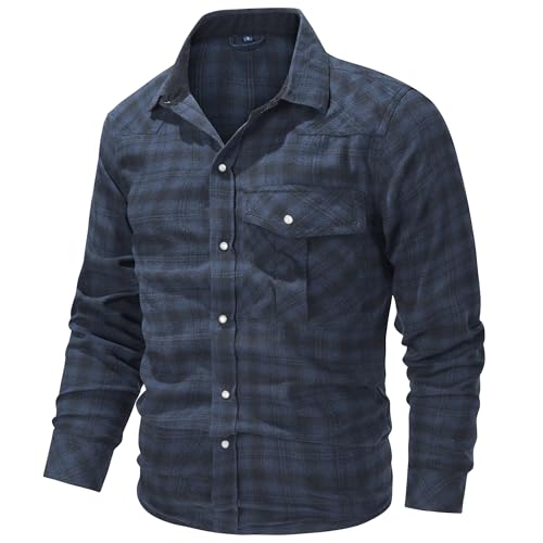 MakingDa Men's Smart Casual Plaid Flannel Shirt Winter Warm Long Sleeve Regular Fit Checked Snap Button Thermal Lumberjack Work Shirts Chequered Jacket with Pockets-Blue-L