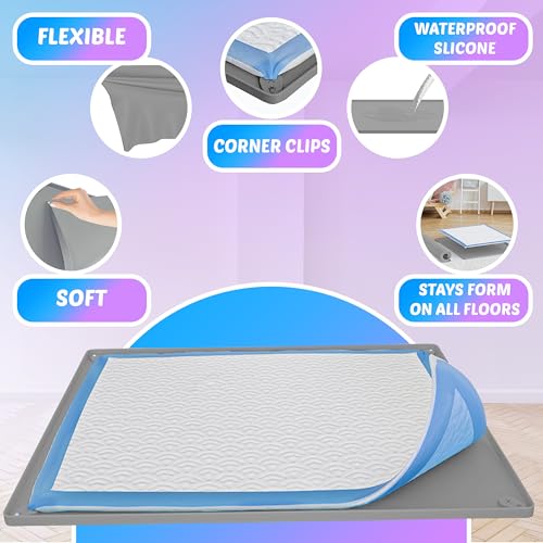 Image of TidyFriend Dog Pee Pad Holder Tray Fits for 28 inch x 34 inch Pee Pads with Corner Lock Holes, Raised Edges, Non-Spill, Easy to Clean Silicone Dog Potty Tray Holder, for Indoor Floor Protection (Light Grey)