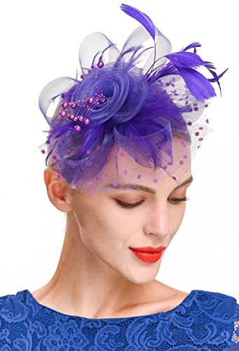 Fascinators Hat for Women Tea Party Headband Kentucky Derby Wedding Cocktail Flower Mesh Feathers Hair Clip (1-Purple)