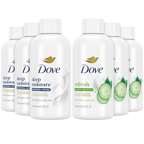 Dove Body Wash Travel Size Variety 6-Pack – Refresh Cucumber & Green Tea + Deep Moisture, 24H Renewing Moisture for Soft Skin, 3 Oz Ea