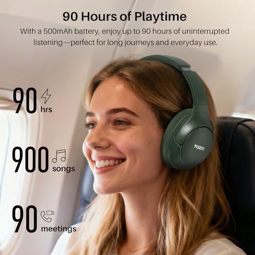 Image of TOZO HT3 Hybrid Noise Cancelling Headphones, 90H Battery Life Wireless Over Ear Bluetooth 6.0 Foldable Headset, AI Voice Assistant with 5 Mics, Connect 2 Devices & Hi-Res Sound, 32 Audio EQ, with Case