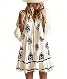 Opemiby Summer Dresses for Women 2026 Flowy Ruffle 3/4 Sleeve V Neck Tiered Casual Babydoll Boho Beach Mini Dress Off White Figure S